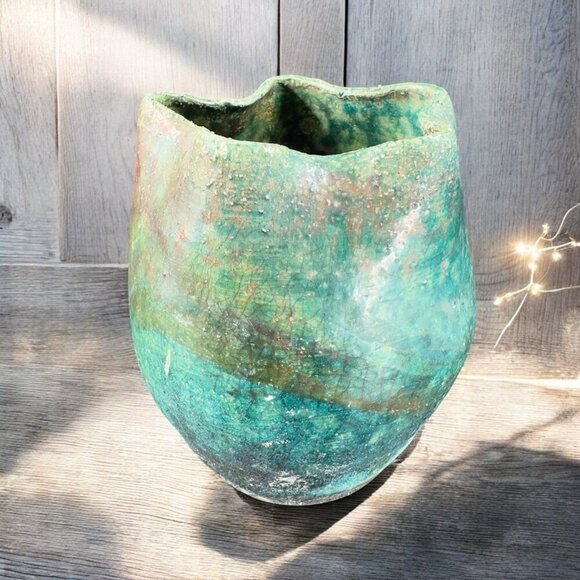 Vintage Raku Studio Art Pottery Vase Bowl Wavy Star Top Green Shiny Glaze Signed - Picture 1 of 14